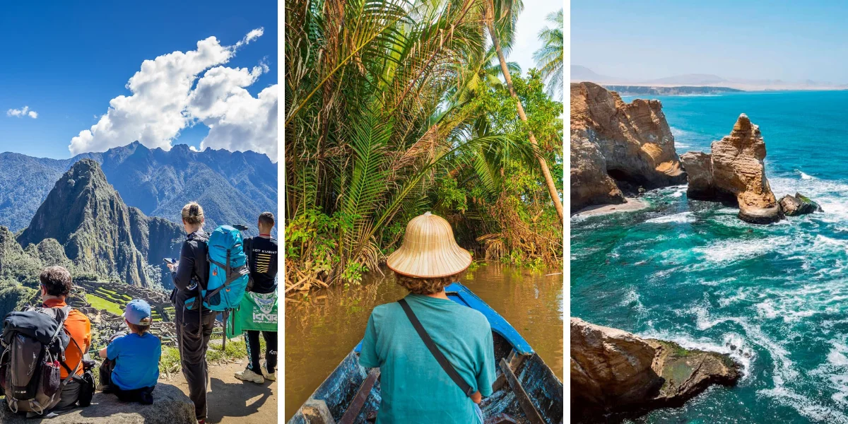 A guide to Peru's best travel seasons, showing sunny Machu Picchu, lush valleys, coastal beaches, and the Amazon rainforest.