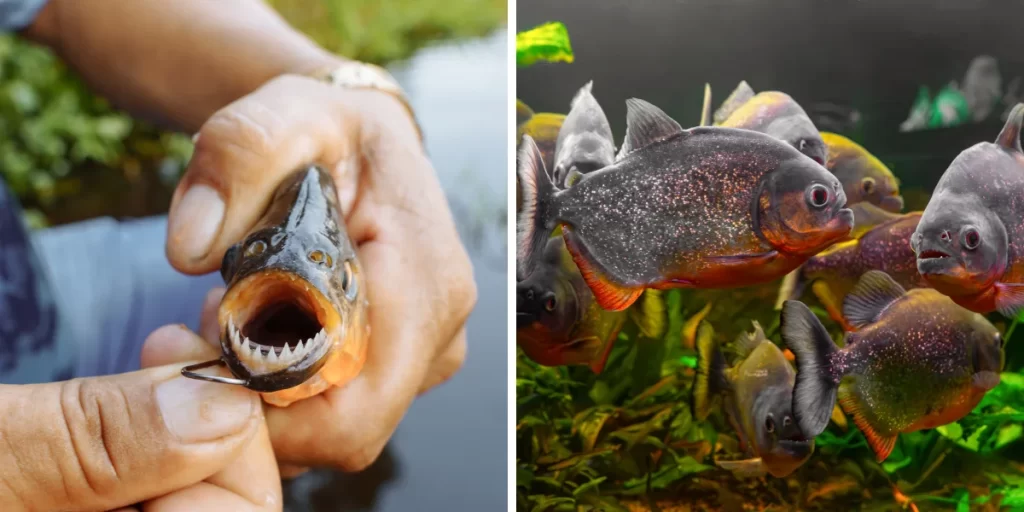 Close-up of a red-bellied piranha from the Amazon, showing its sharp teeth and scale details.