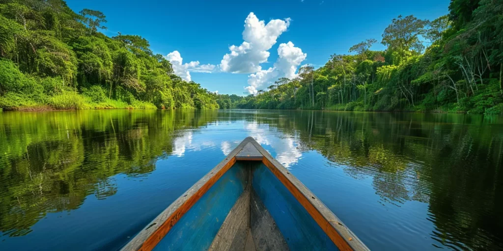 Dry season in the Peruvian Amazon with clear skies and vibrant green foliage - Peru Bucket List