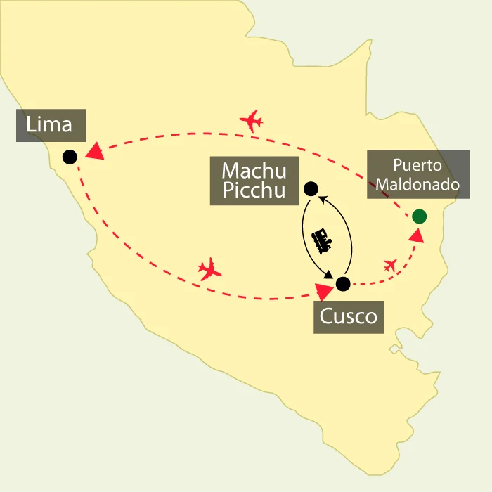 Map of Peru showing the travel route from Cusco to Machu Picchu and the separate flight path to the Amazon gateway of Puerto Maldonado