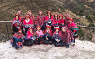 Travelers wearing traditional Andean hats in Peru