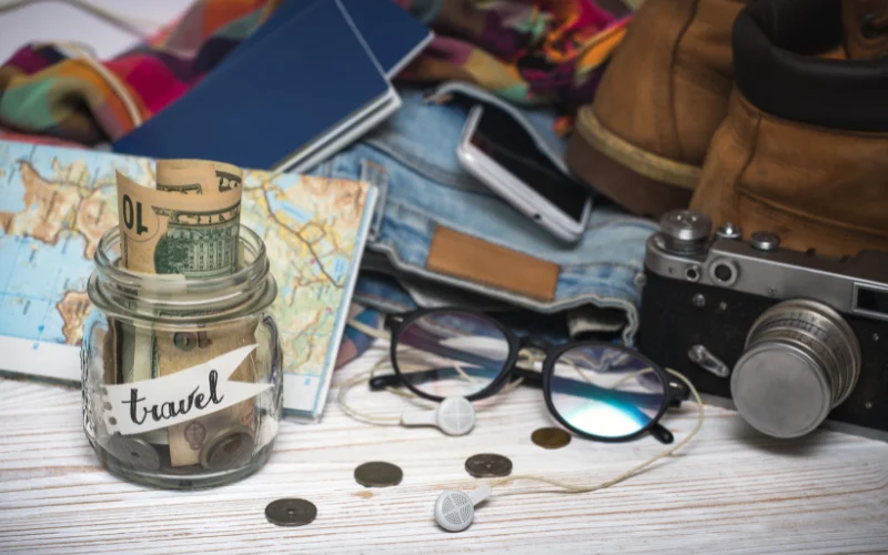 Travel budget for Peru with money, camera, and travel essentials for planning a Peru trip