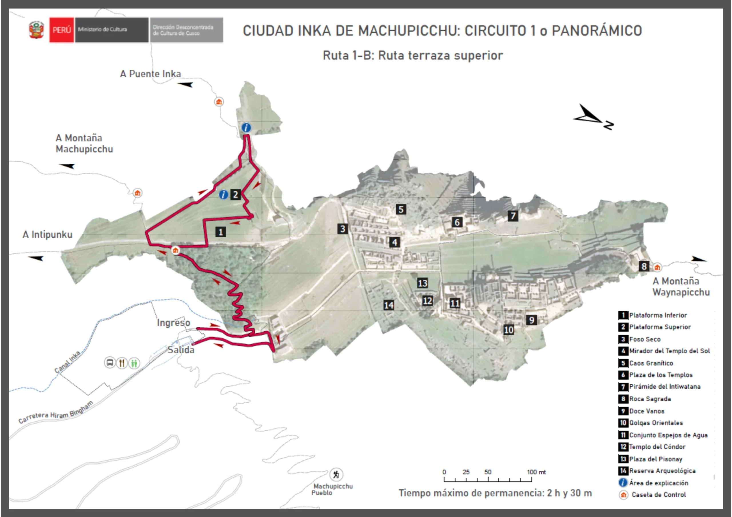 Machu Picchu Circuit 1-B panoramic route map showing the Upper Terrace route