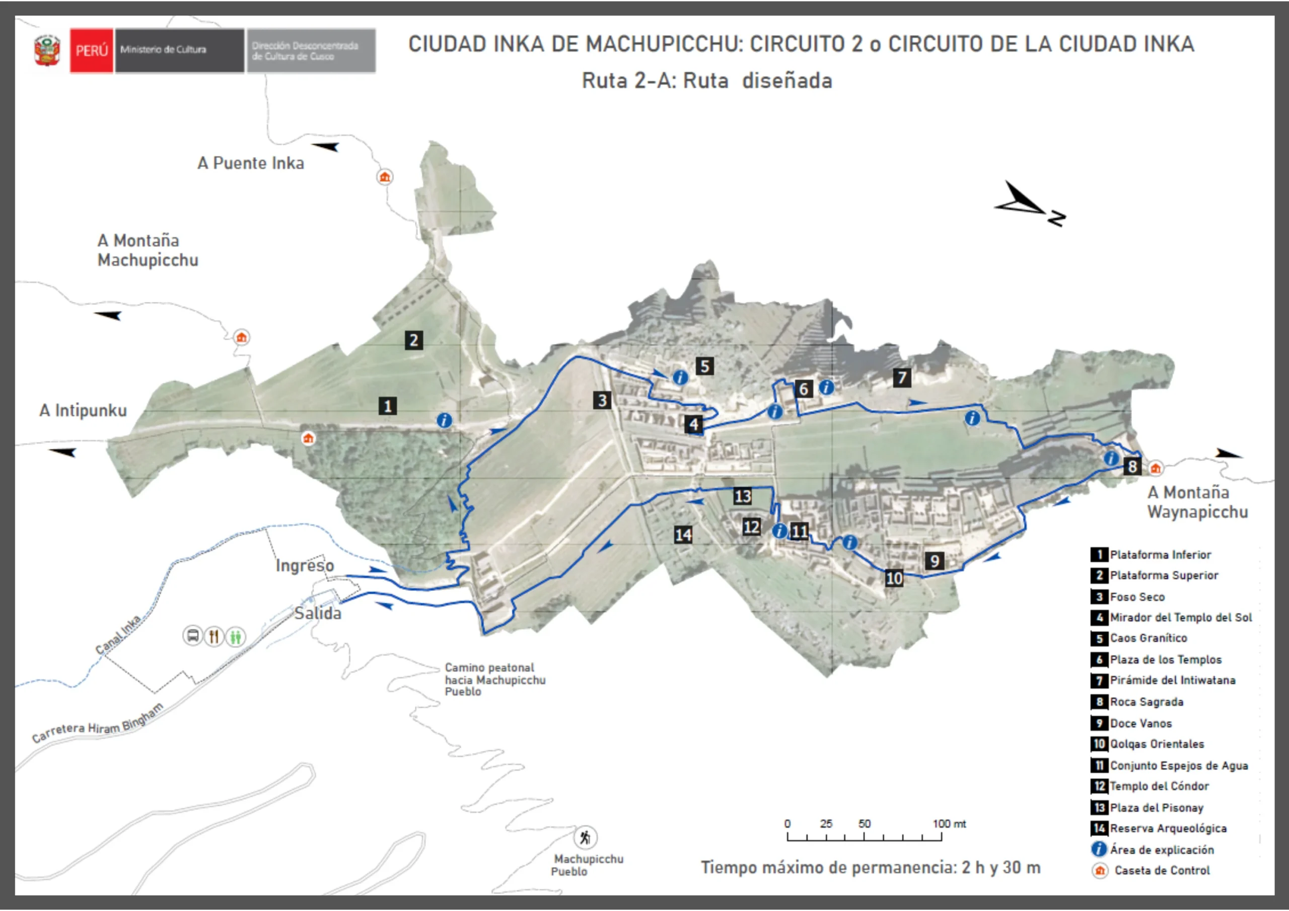 Machu Picchu Circuit 2-A map showing the designed route and archaeological sites
