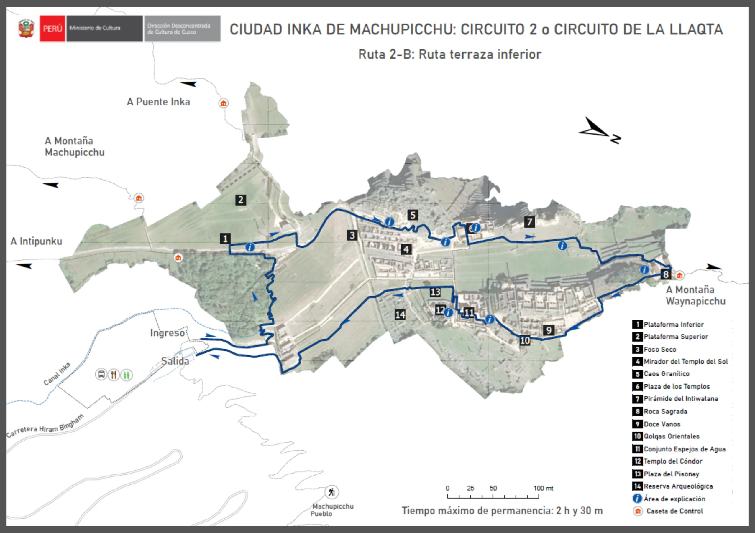 Machu Picchu Circuit 2-B map showing the Lower Terrace route and archaeological sites