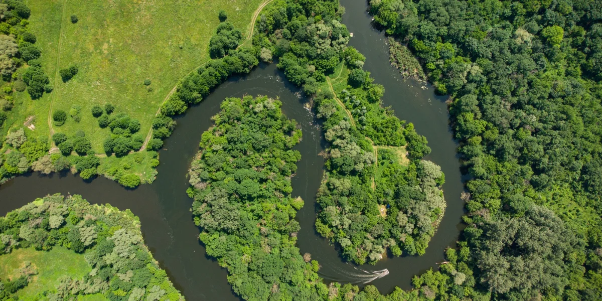 Aerial view of a winding river through the rainforest in Manu National Park Peru