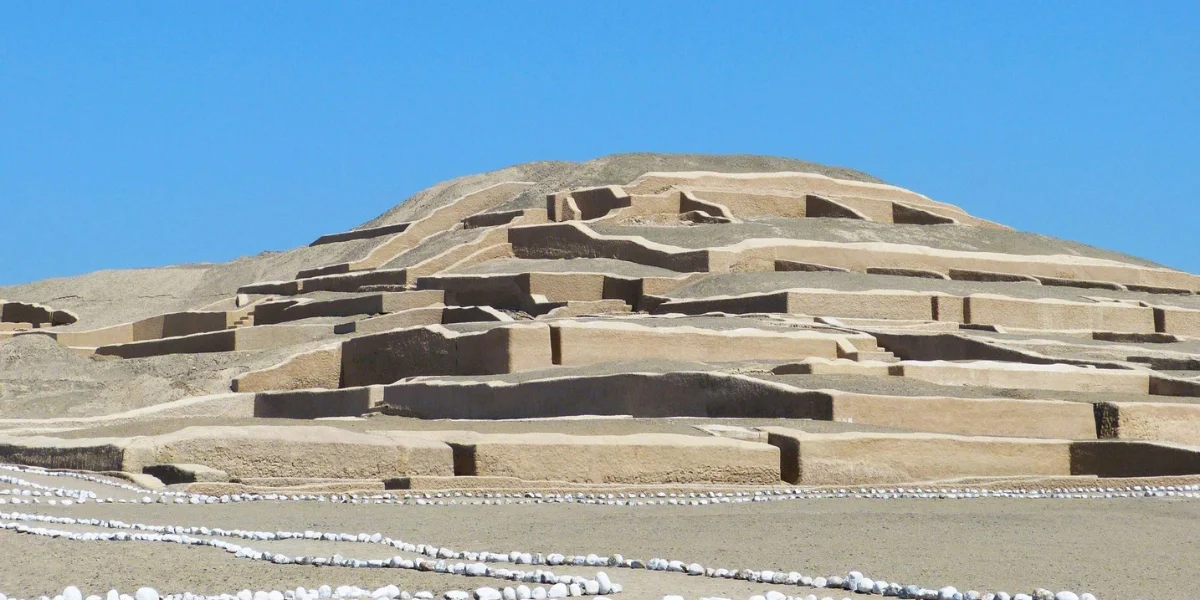 Cahuachi archaeological site near Nazca, Peru, with ancient adobe pyramids in the desert