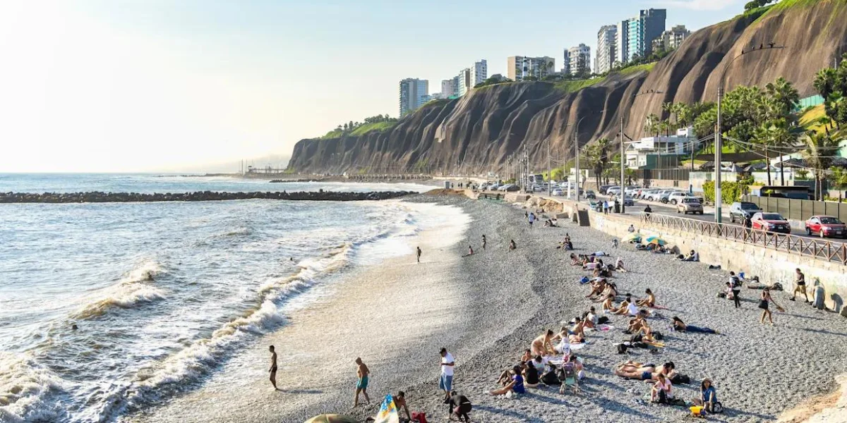 Miraflores beach and Pacific Ocean along the Costa Verde in Lima Peru