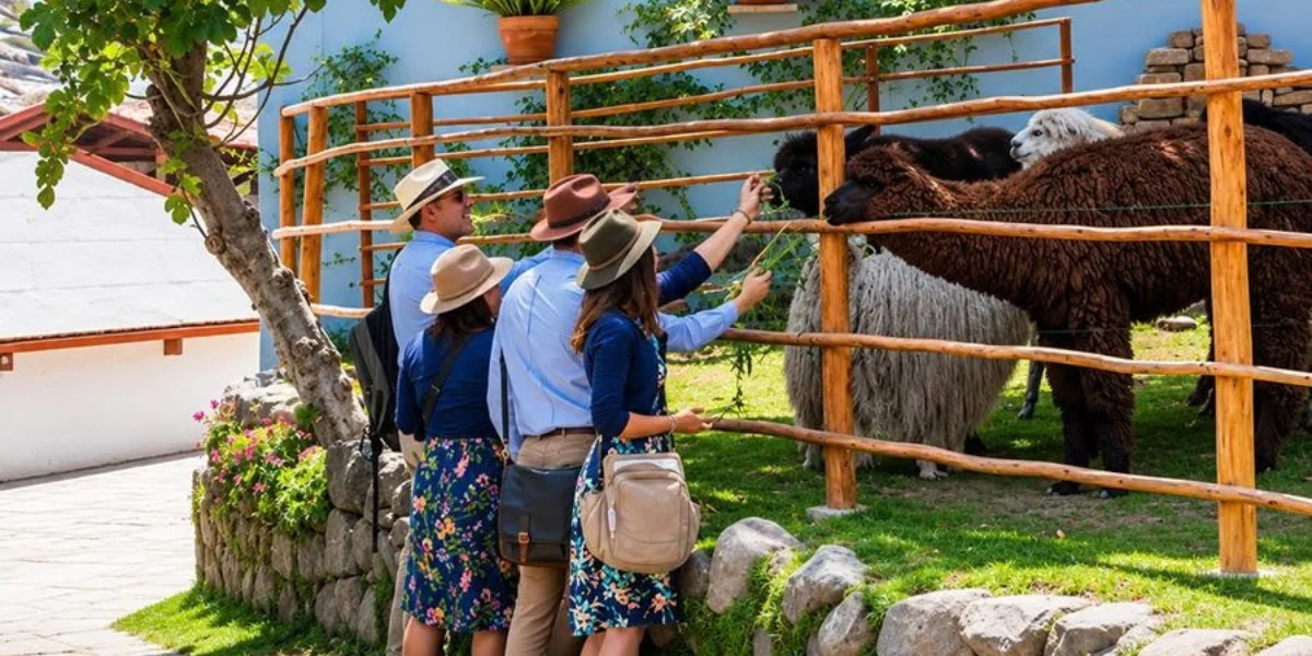 Travelers feeding alpacas at Mundo Alpaca in Arequipa Peru